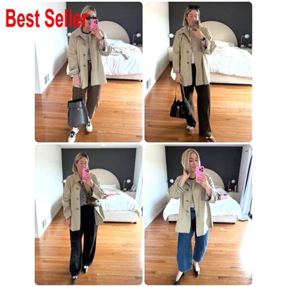 Oversized Trench Coat Classic Chic Button Up Jacket Plaid Lined Outerwear - Picture 6 of 7